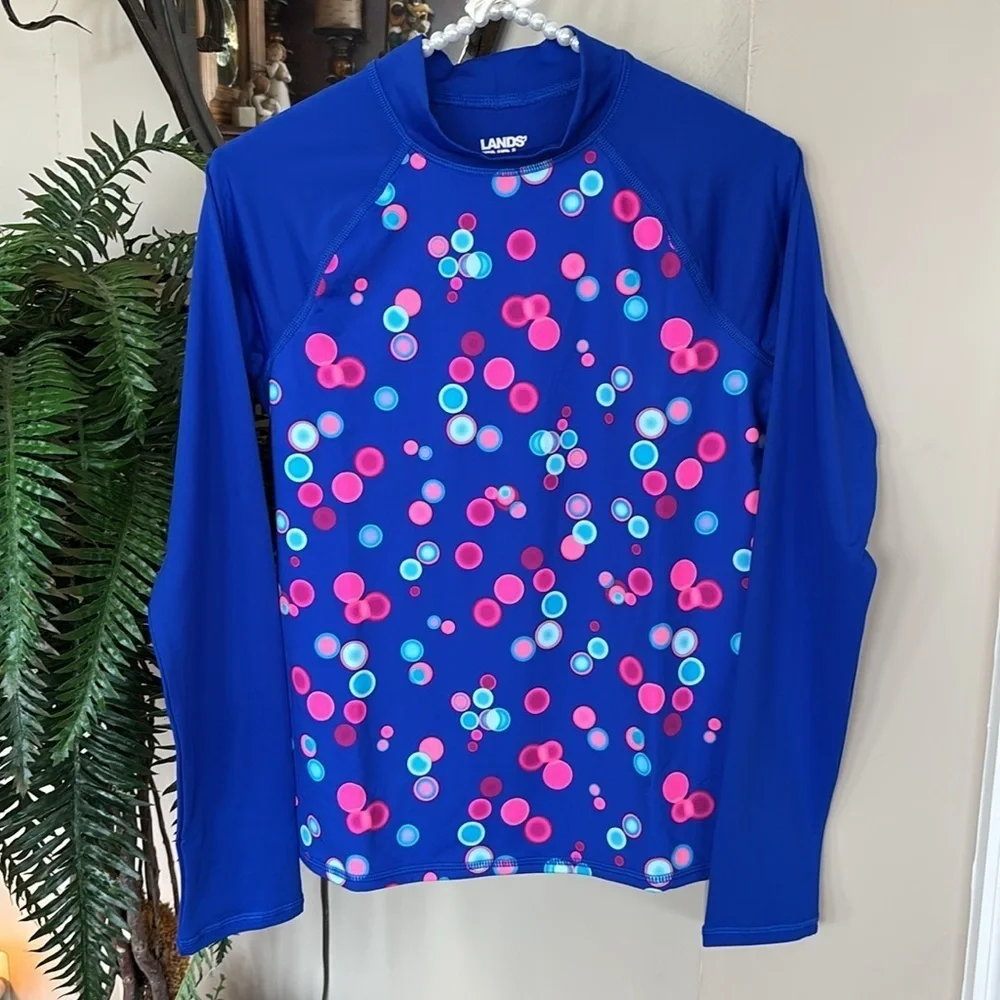 Brand New Lands' End Long Sleeve Mock Neck Rash Guard Electric Blue Bubbles